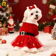 Festive dog dress santa claus costum red mesh skirt chrismas gold velvet fabric pet clothing party