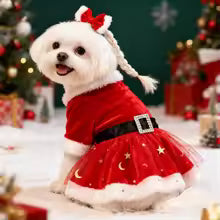 Festive dog dress santa claus costum red mesh skirt chrismas gold velvet fabric pet clothing party